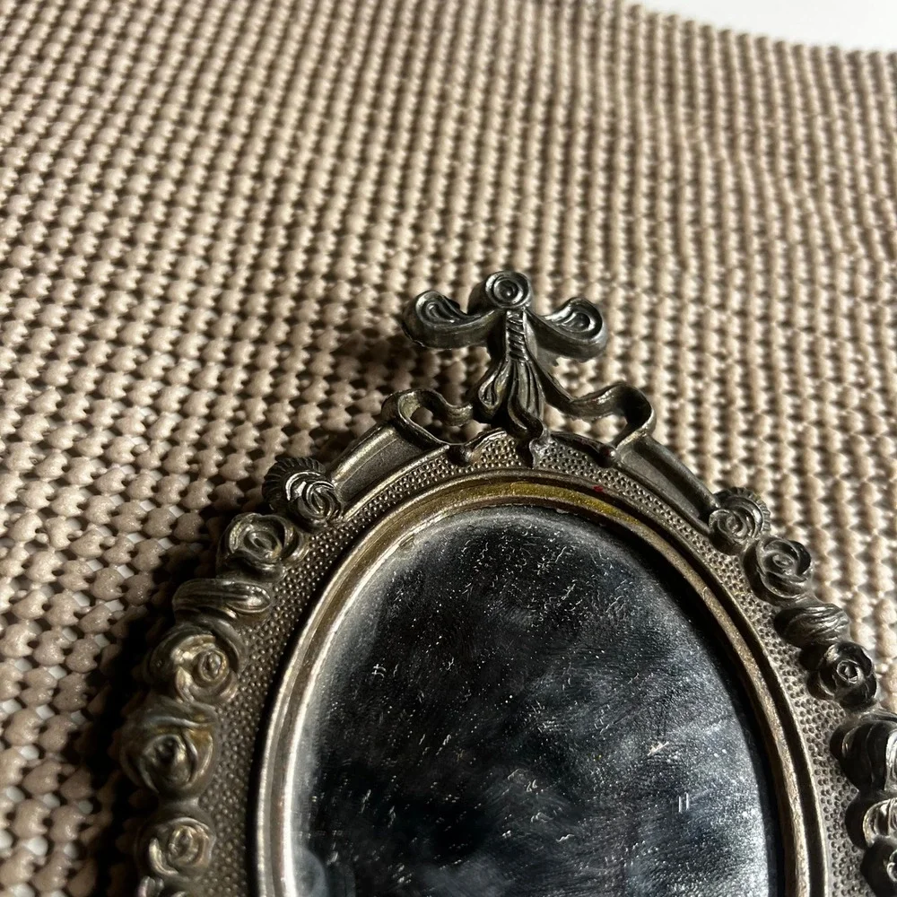 Vintage Italy Miniature Oval Wall Mirror Silver Tone Rose Floral Bow Ornate 5